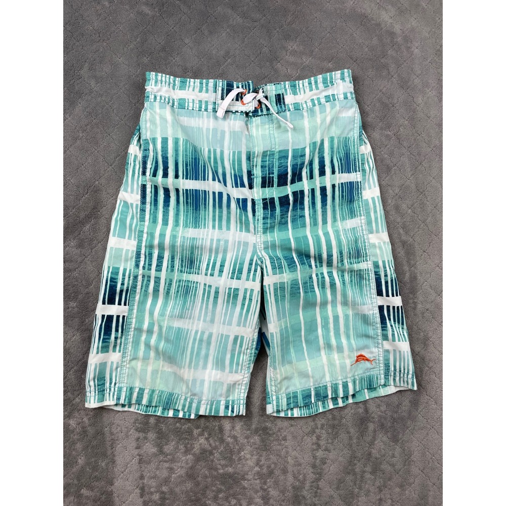 Tommy Bahama Kids XL Swim Trunks Teal White‎ Plaid Board Shorts RN15101
